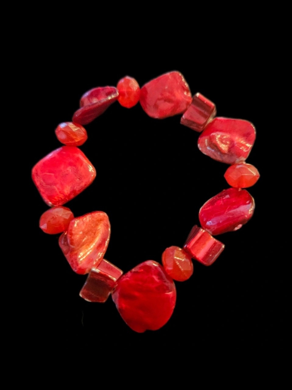 Chunky Red Mixed-Shape Beaded Stretch Bracelet - Organic Style